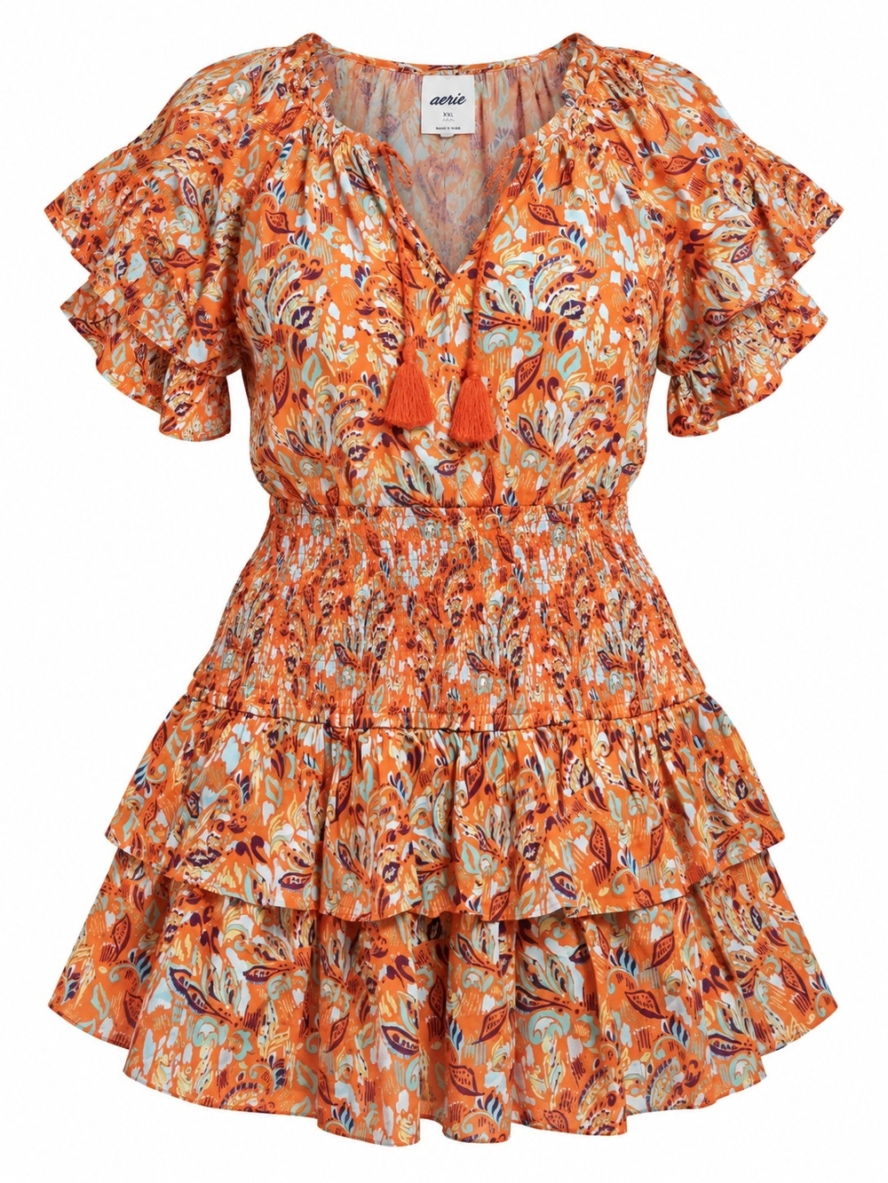 AERIE | Orange Paisley Smocked Waist Tiered Ruffle Boho Cotton Dress | XXL
